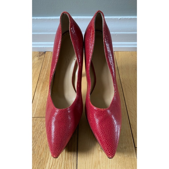 Halston Heritage Red Platform Stilettos Snakeskin Textured Heels - Picture 4 of 13